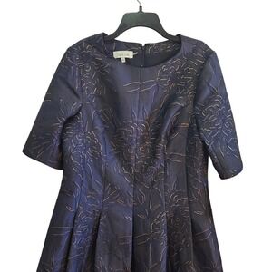 Teri Jon Rickie Freeman Navy Metallic Floral Brocade Fit Flare Dress Size 16 New